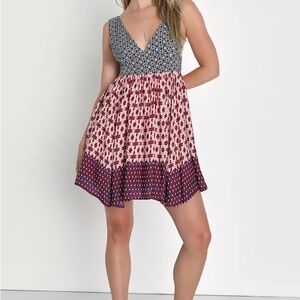 Lulus La Vie en Roses Navy Blue and Red Floral Print Dress - XS